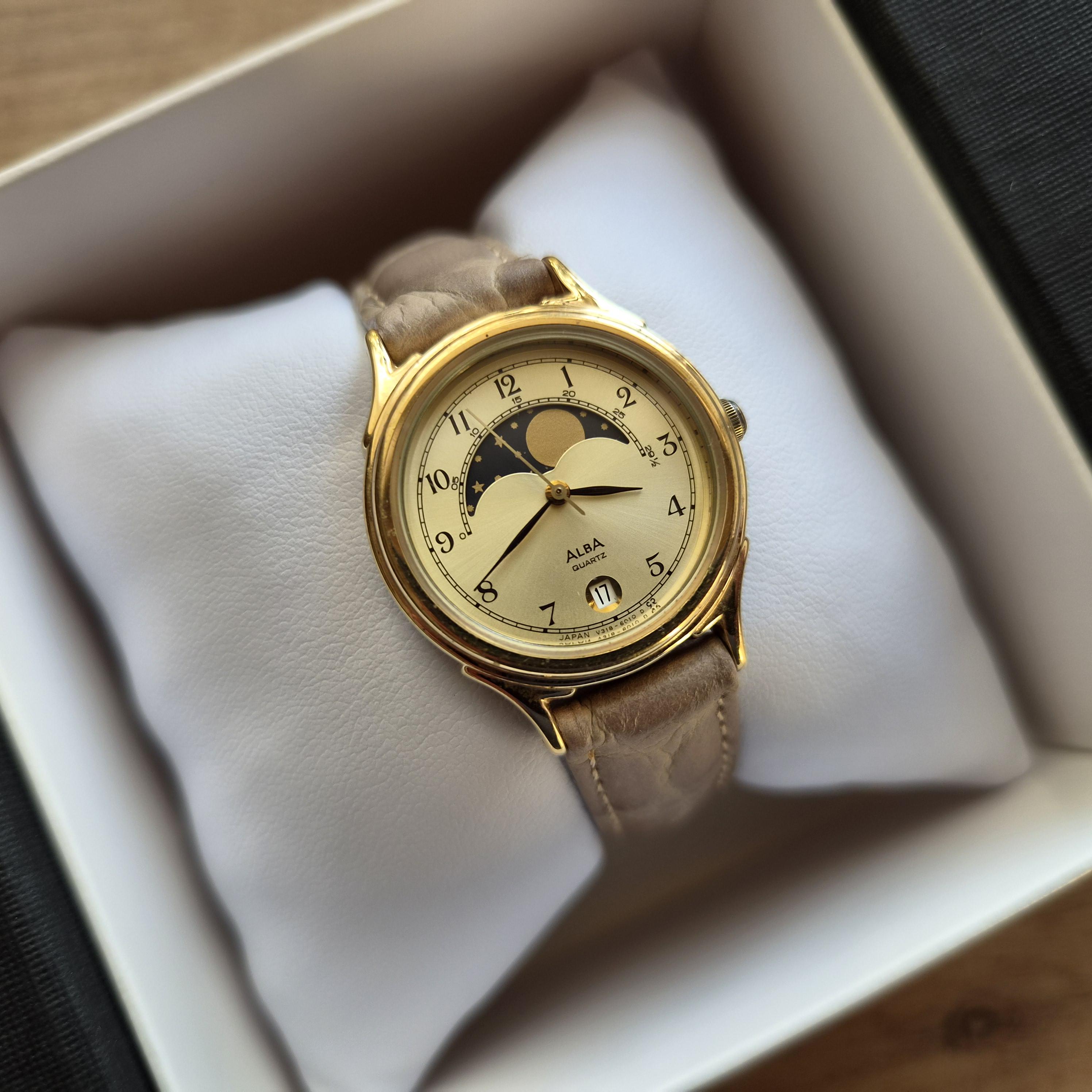 ALBA Seiko Success Vintage Moonphase Watch, Quartz Watch Real Moon