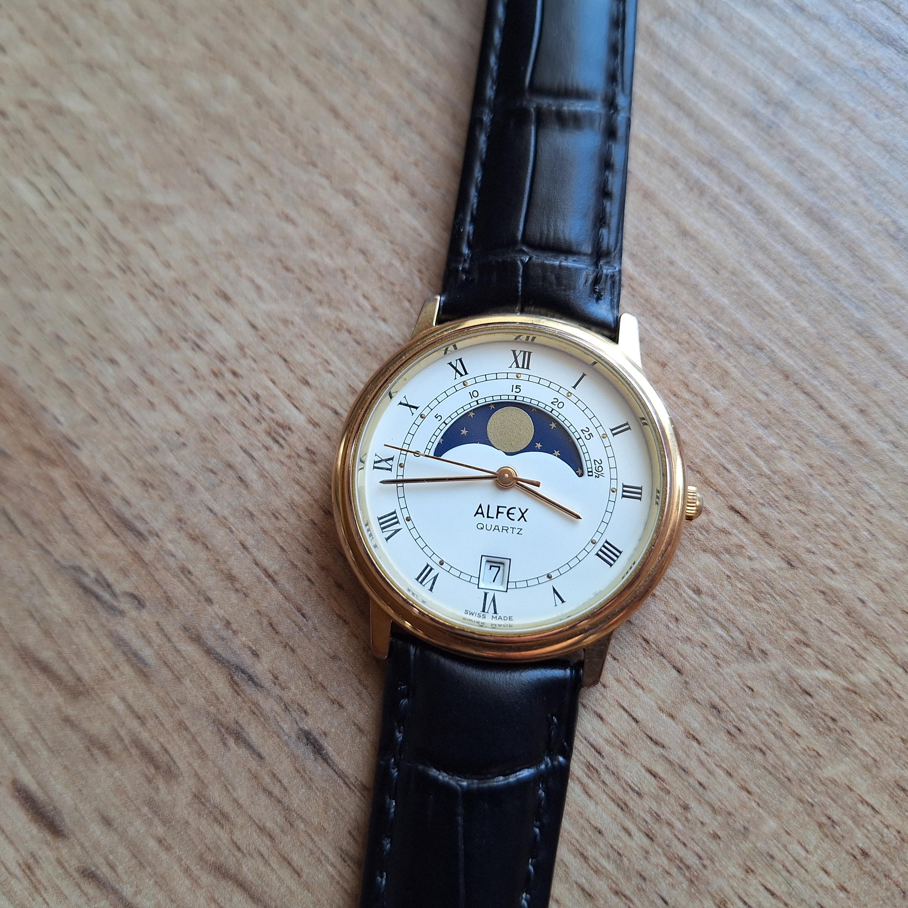 Alfex Swiss Moonphase Watch, Swiss Made Quartz Watch With Real