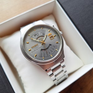 Orient College-Uhr, neue Mehrjahreskalenderuhr, Japan-Uhr, Multi-Data-Automatikuhr, graue Uhr, mechanische Vintage-Uhr,