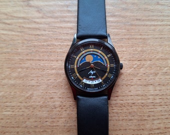 NEW Quartz watch LUCH with Real Moon Phases Calendar, Moon wristwatch,  Soviet watch, black watch, moonphase calendar, moon watch