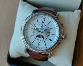 Royal Swiss Moonphase watch, Quartz watch, Real Moon Phases Calendar, Moon wrist watch, white watch with original box