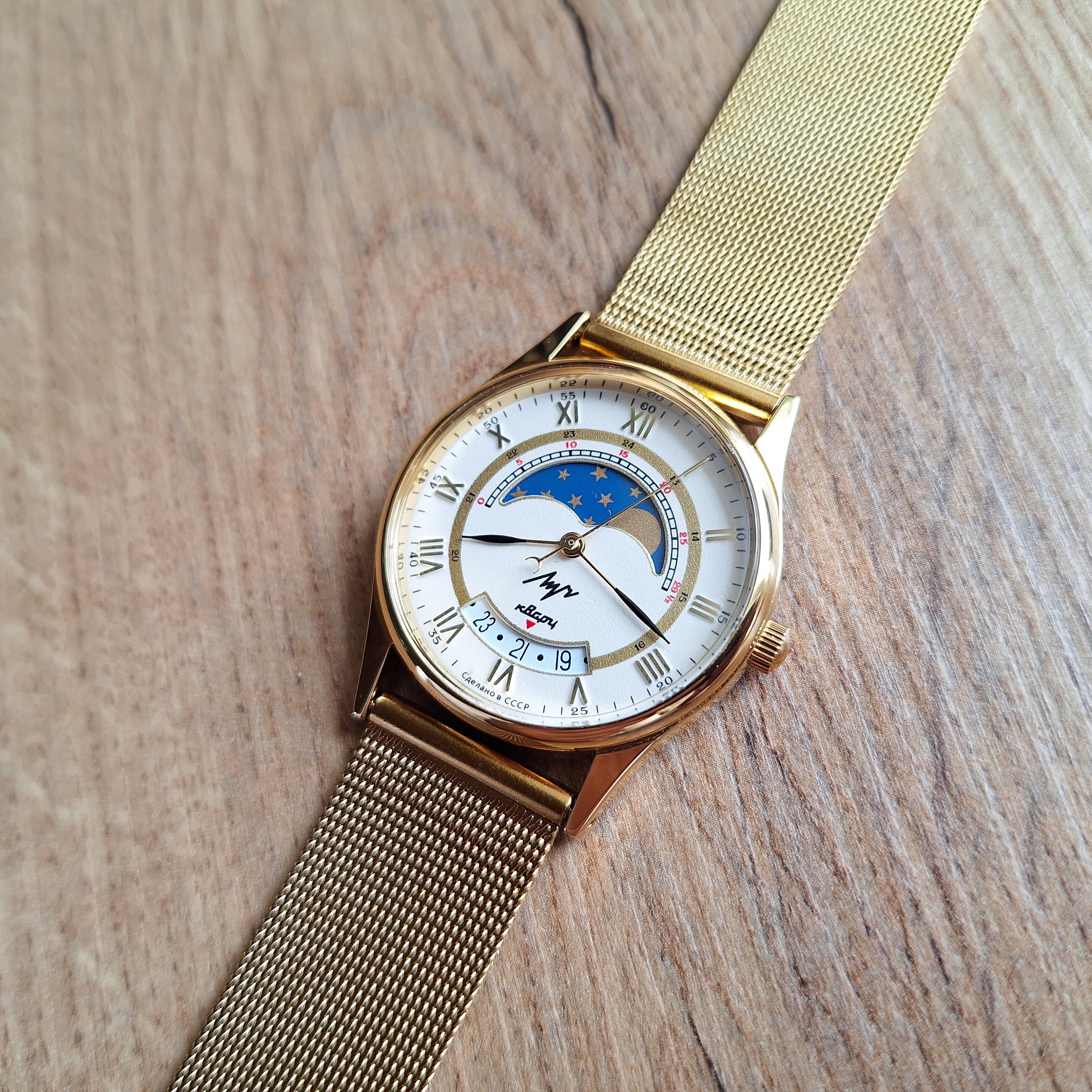 NEW Quartz Watch Luch With Real Moon Phases Calendar moon Wrist Watch Round Face Soviet Watch Etsy Singapore