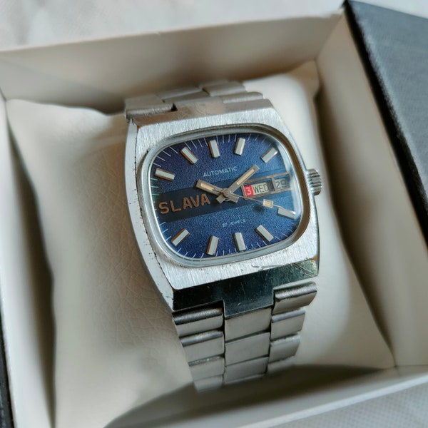 SLAVA TANK watch, Slava Panzer watch, Automatic watch, mens watch, vintage watch, blue watch, day and date indicator