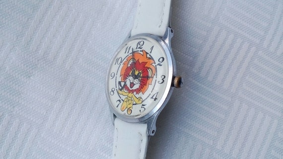 Vintage kid wristwatch yellow lion, white watch, … - image 4