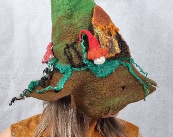 Sombrero de seta de fieltro hecho a mano, disfraz de bruja del bosque