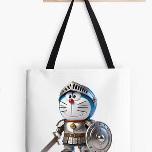 May include: A blue and white cartoon character wearing knight armor, a helmet, and holding a sword and shield. The character has a round face with a red nose and a wide smile. The shield is silver and round.
