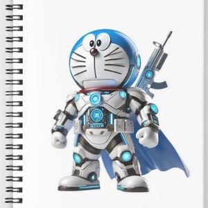 May include: A blue and white robot character with a futuristic design, holding a weapon. The character has a blue head, white body, and is wearing a blue cape. The robot is standing on a white background.