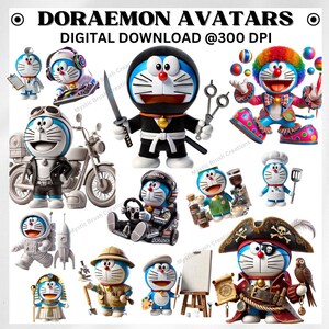 May include: A collection of Doraemon avatars in various costumes and professions, including a ninja, chef, astronaut, and pirate. The digital download image features the text "DORAEMON AVATARS DIGITAL DOWNLOAD @300 DPI".