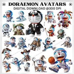 May include: A collection of Doraemon avatars in various costumes and poses. The image includes Doraemon dressed as a businessman, a pirate, a knight, and a basketball player. Text on the image reads "DORAEMON AVATARS DIGITAL DOWNLOAD @300 DPI."