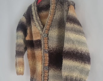 12 to 18 months hand knitted boy cardigan, brown, beige, grey.  Handmade, handknitted, 1st birthday gift, sweater, jumper