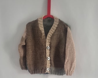12 to 18 months gender neutral  hand knitted cardigan, beige, pink and blue colours, first birthday gift