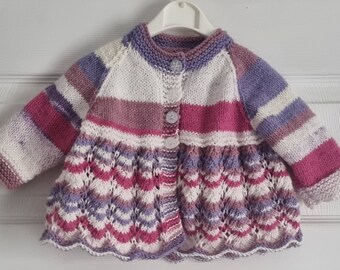 6 to 12 months hand knitted cotton candy baby girl cardigan, newborn gift,  baby shower, jumper, sweater
