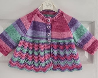 6 to 12 months hand knitted cotton candy baby girl cardigan, newborn gift,  baby shower, jumper, sweater