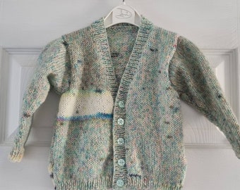 12-18 months cardigan, aqua cream, multicoloured, baby girl. baby boy, long sleeve, hand knitted, green, cream,