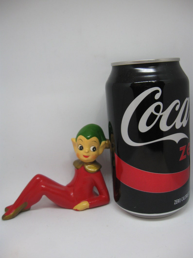 SANTA/'S CHRISTMAS Workshop ELF Red Green Pixie 4 Figurine Plaster Paper Mache Sitting Vintage 1950s Mid Century Holiday Decoration 1735