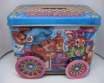Free Shipping! Giftco Easter BUNNY Express TRAIN TIN Money Piggy Bank 4.75" X 3.75" Metal Rabbit Vintage 1980 Holiday Storage Container 1474
