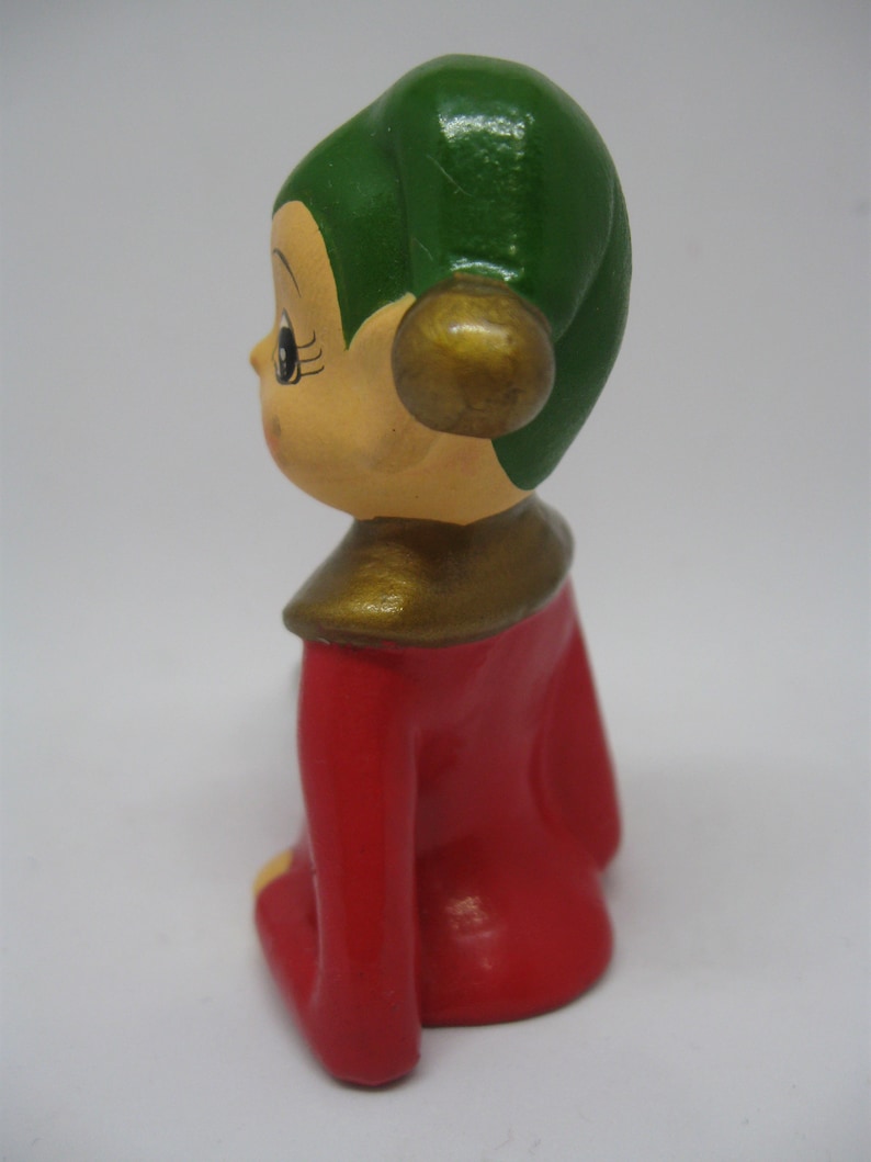 SANTA/'S CHRISTMAS Workshop ELF Red Green Pixie 4 Figurine Plaster Paper Mache Sitting Vintage 1950s Mid Century Holiday Decoration 1735