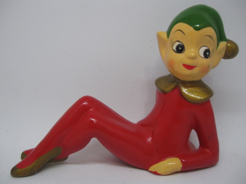 SANTA/'S CHRISTMAS Workshop ELF Red Green Pixie 4 Figurine Plaster Paper Mache Sitting Vintage 1950s Mid Century Holiday Decoration 1735