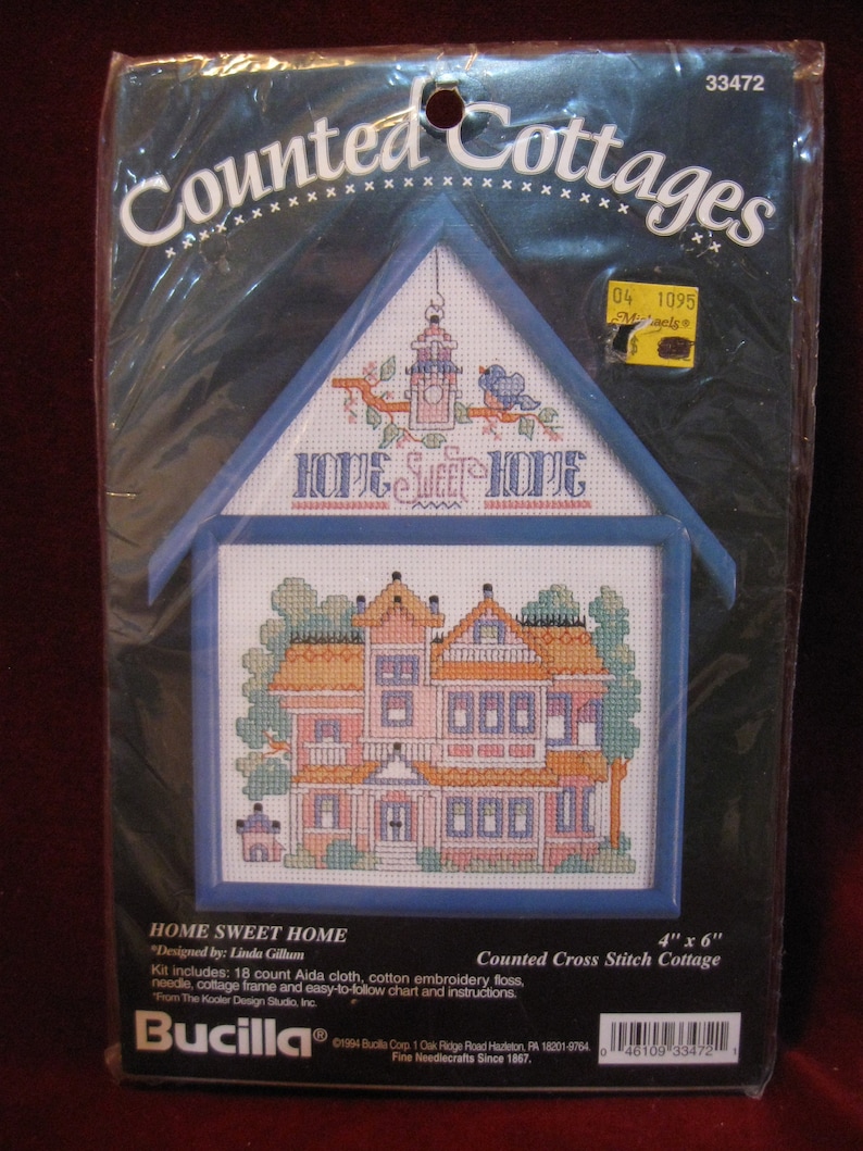 NiP BUCILLA COUNTED COTTAGES Home Sweet Home Counted Cross Stitch Kit Wall Decor #33472 Vintage 1994 Complete wFrame 1477
