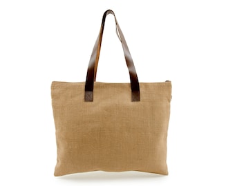 PAZ Jute Tote with Soft Leather Handles with Top Zip Close