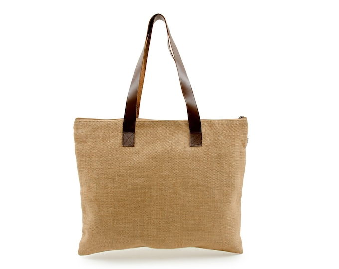 PAZ Jute Tote Natural with Soft Leather Handles with Top Zip Close