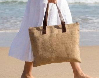 PAZ Jute Tote Natural with Soft Leather Handles with Top Zip Close