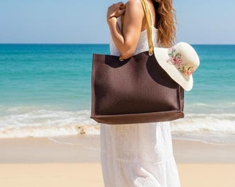 MEWOK Extra Large BROWN Jute Tote Beach Bag