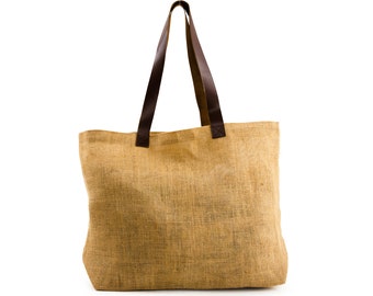 NALA Jute Tote Natural with Leather Handles