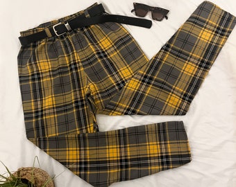 Yellow Tartan Trousers (Custom) | Plaid Pants | Loose Tapered Leg Trouser |  Vintage Tartan Trousers