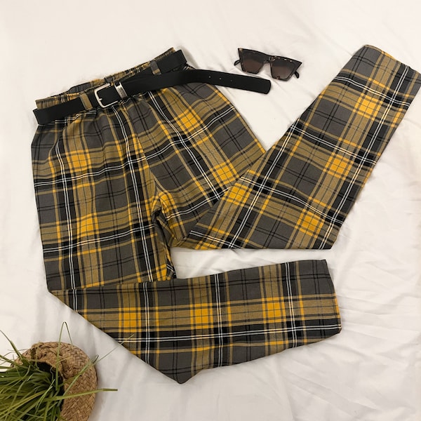 Gelbe Tartan Hose (Individuell) | Karierte Hose | Weite Hose mit schmal zulaufendem Bein | Vintage Tartan Hose