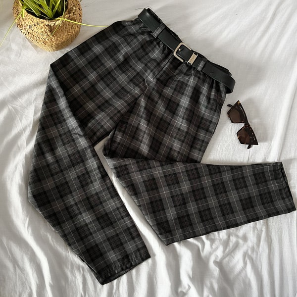 Grey Tartan Trousers | Plaid Pants | Loose Straight Leg Trouser | Size 4-18 | Check Pants