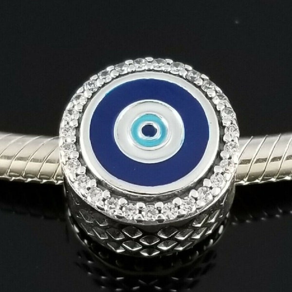 Pandora, Snake Chain Bracelet Charms, Beads, Dangles / New / s925 Sterling Silver Double Sided Blue Evil Eye Charm Protection Insight /Stamp