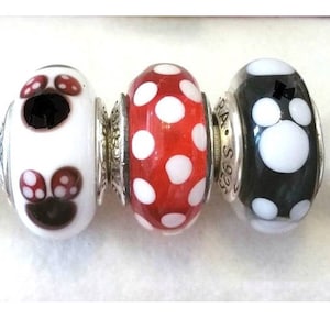 Pandora, Bracelet Charms, Beads / MURANO GLASS Beads, Mickey and Both Minnie Muranos / Threaded / s925 Sterling Silver, Stamped