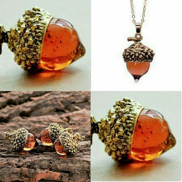 AMBER GLASS ACORN Pendant Necklace / 1 Antique Bronze, / Includes Chain in picture / Listing is for One  Acorn Necklace