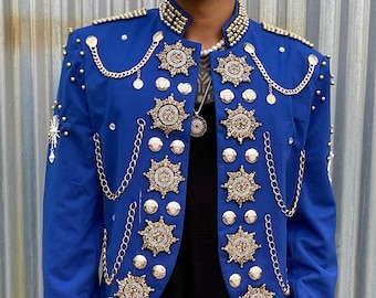 MEDALLION Jacket in Imperial Blue. Burning Man Costume. Unisex Military Coat.