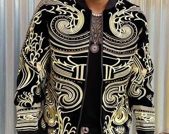 BAROQUE Embroidered Bomber Jacket in Black with Gold Pearls. Burning Man Costume.