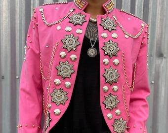 MEDALLION Military Jacket in Royal Blush. Burning Man Costume. Unisex Bedazzled Bling Coat.