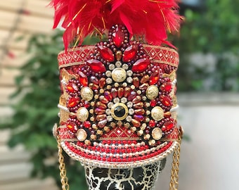 TORAH Light-up Marching Band Hat in Red/Gold. Burning Man Hat.