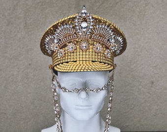 FREE SHIPPING! Crowning Glory Military Hat in Crystal Gold. Burning Man.