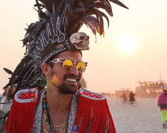 FREE SHIPPING! Light-up Feather Mohawk with Skull. Burning Man.