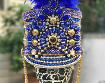 FREE SHIPPING! 'Torah' light-up marching band hat in blue/gold. Burning Man hat.