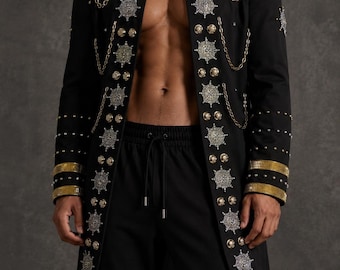 LONG MEDALLION Jacket. Burning Man. Bedazzled Military Style