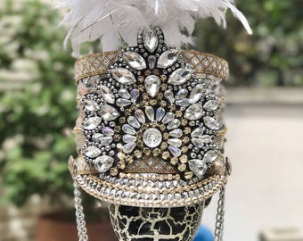 FREE SHIPPING! 'Torah' light-up Marching Band Hat in Silver/Gold/White. Burning Man Hat. Coachella Festival.