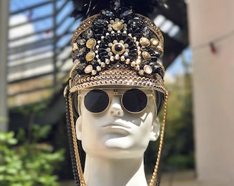 FREE SHIPPING! 'Torah' Light-up Marching Band Hat in Black/gold with Plume. Burning Man Festival.