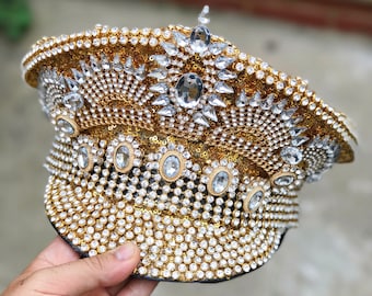 FREE SHIPPING! Special Edition Deluxe Crowning Glory Hat in Gold/Crystal. Burning Man Hat. Military Hat. Captains Hat.