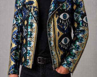 All Eyes On Me Biker Jacket. Burning Man. Evil Eye. Sequin Jacket