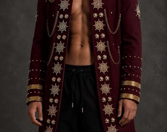 LONG MEDALLION Jacket in Burgundy. Burning Man. Bedazzled Military Style