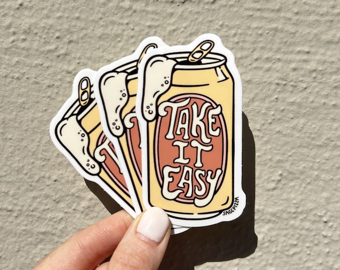 Take It Easy Beer Can Sticker – Glossy Die-Cut Decal (1.3in x 2.5in)