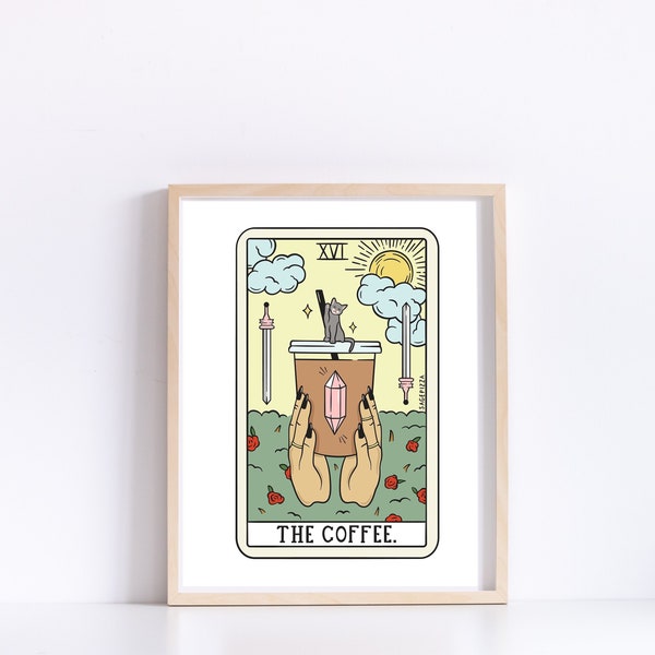 Coffee Tarot Print (Light Skin Tone) - Cute Coffee Art - Cute Cat Print - Tarot Print