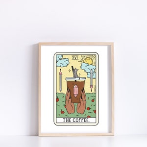 Coffee Tarot Print (Dark Skin Tone) - Cute Coffee Art - Cute Cat Print - Crystals Print